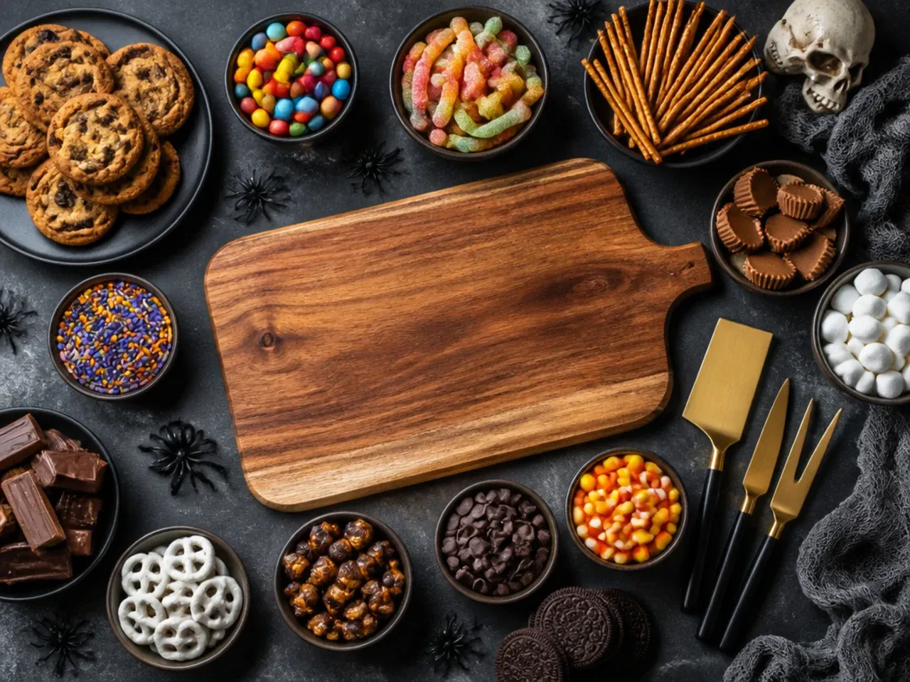 Close-up of Halloween dessert board arrangement showing height and gaps