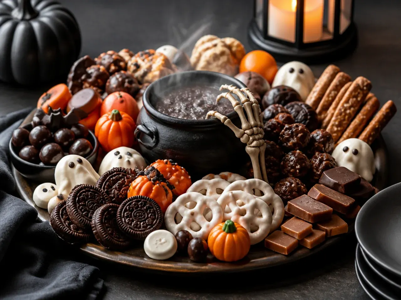 Halloween dessert board served alongside mugs of hot apple cider