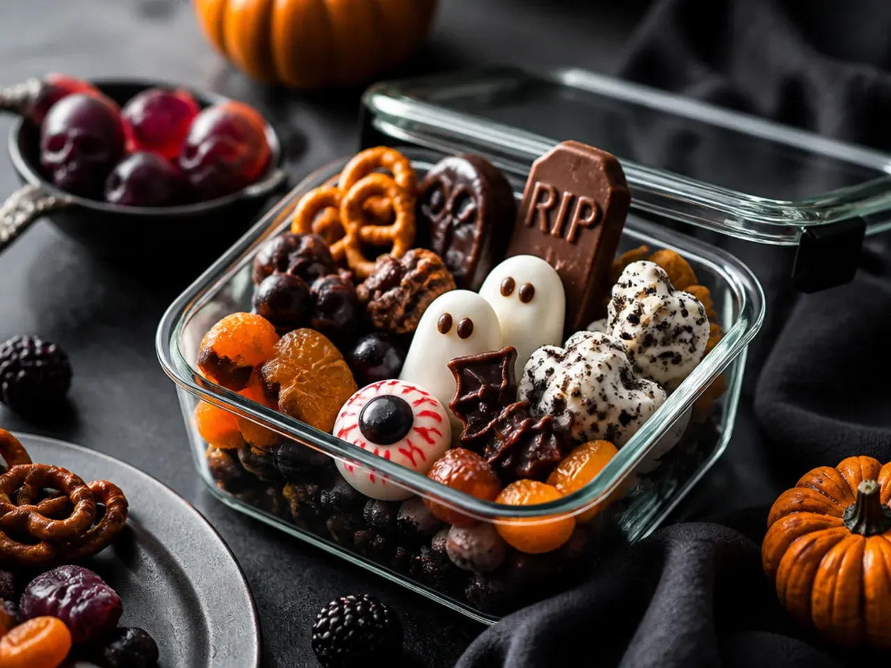 Leftover Halloween dessert board items stored in airtight containers