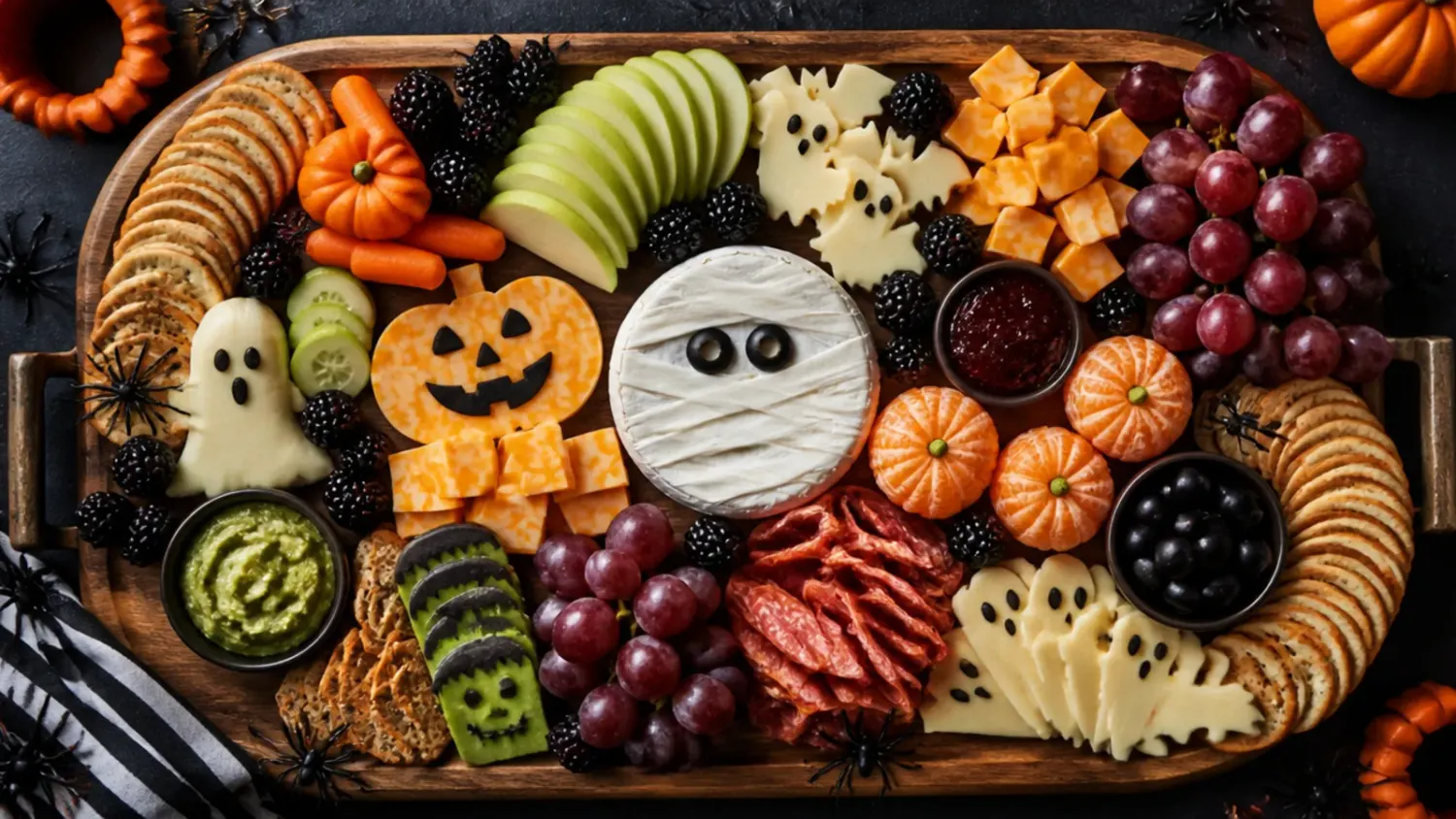 A wooden board covered in colourful Halloween snacks for kids, including cheese cubes, grapes, marshmallow ghosts and bat-shaped crackers