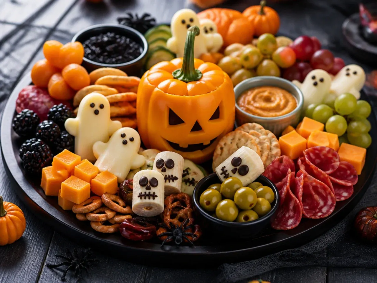 Overhead view of a Halloween-themed snack board arranged for children with cheese, grapes and crackers
