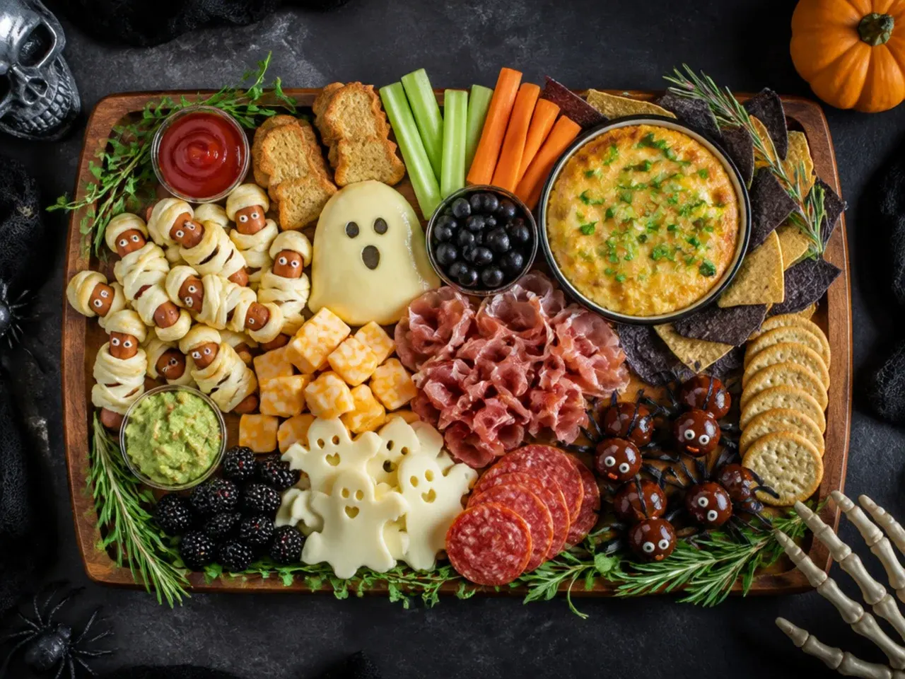 Classic Halloween charcuterie board with cheddar cubes, bat-shaped salami and grapes