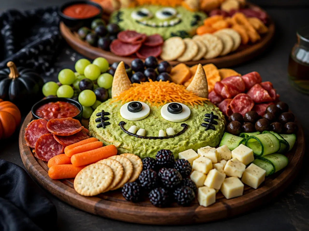 Quick Halloween snack board with pre-cut cheese, carrots and pretzels in small bowls