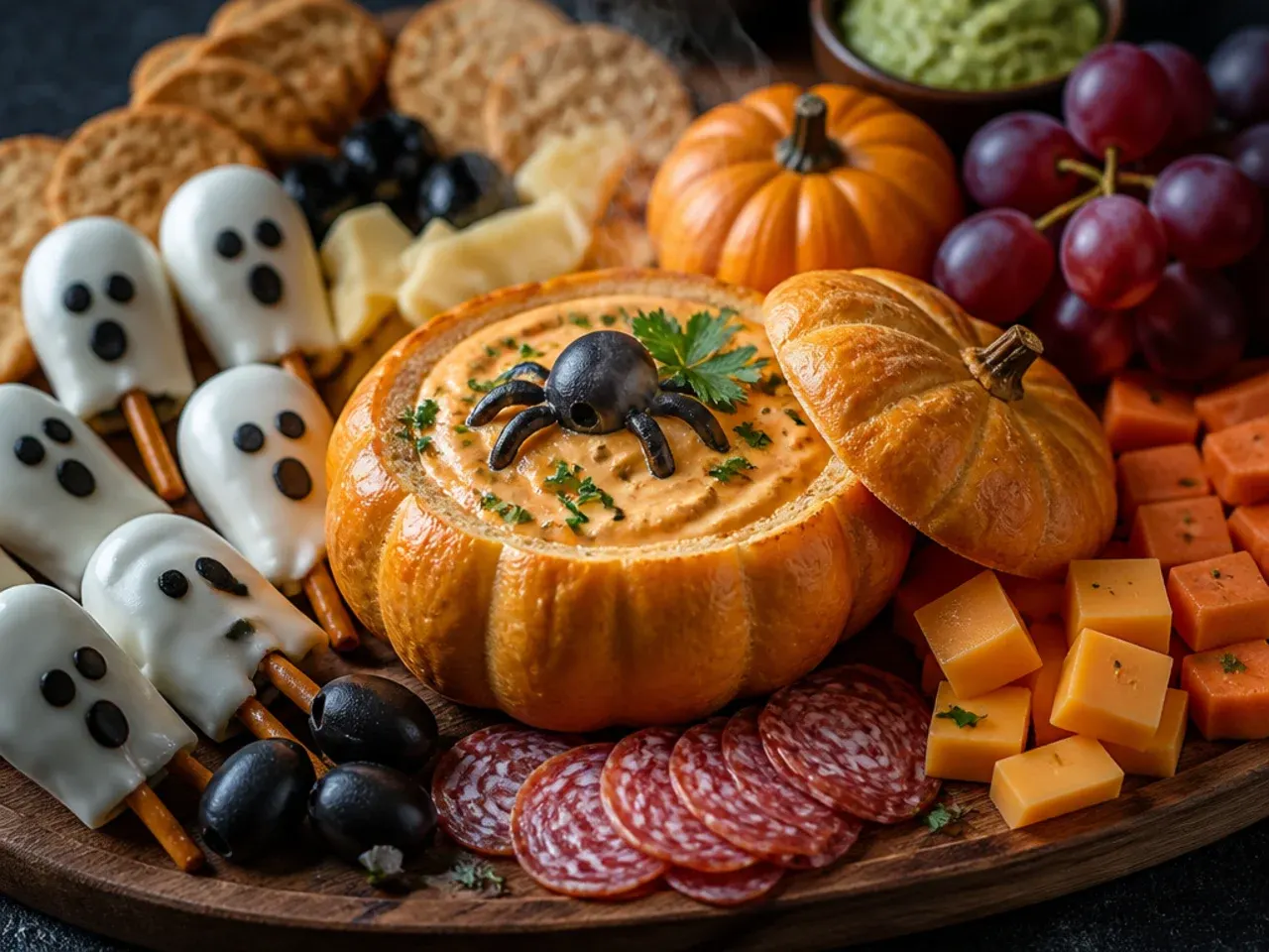 Autumn harvest Halloween board with apple slices, pumpkin seeds and dried cranberries