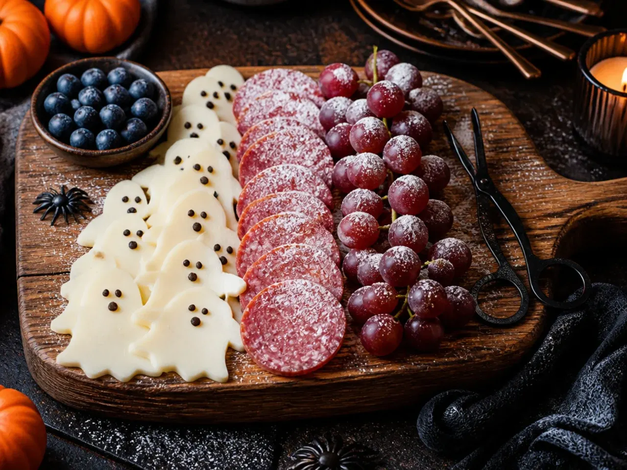 Simple three-ingredient board with string cheese ghosts, crackers and grapes