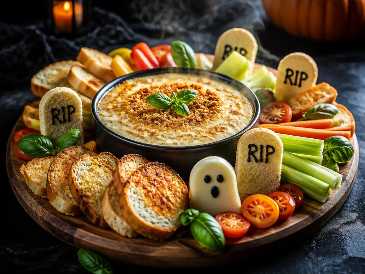 Graveyard-themed dip board with breadstick headstones and cookie crumb dirt