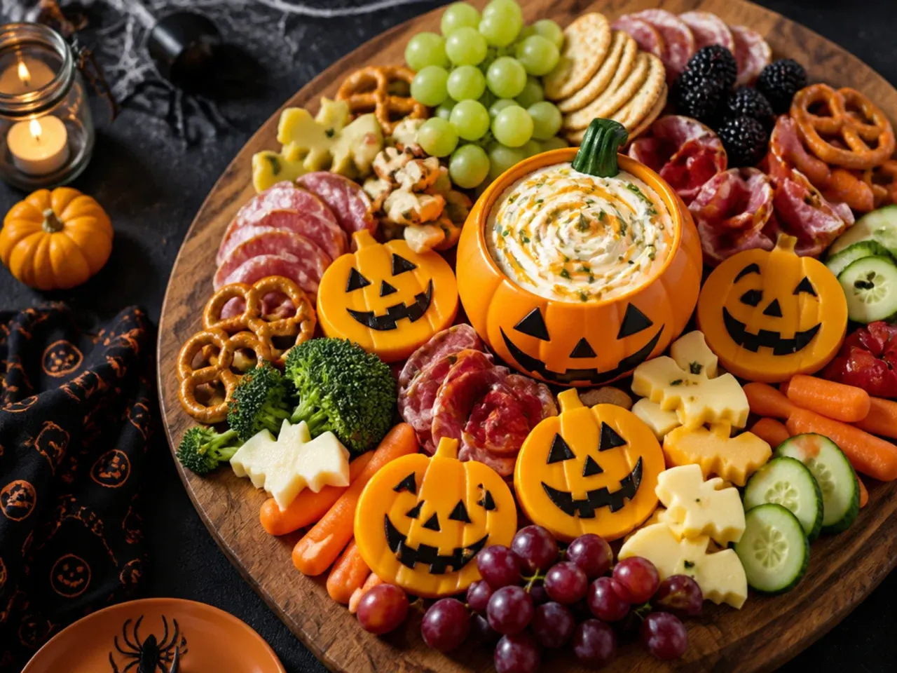 Loaded Halloween party board with a hollowed pumpkin bowl and multiple snack sections