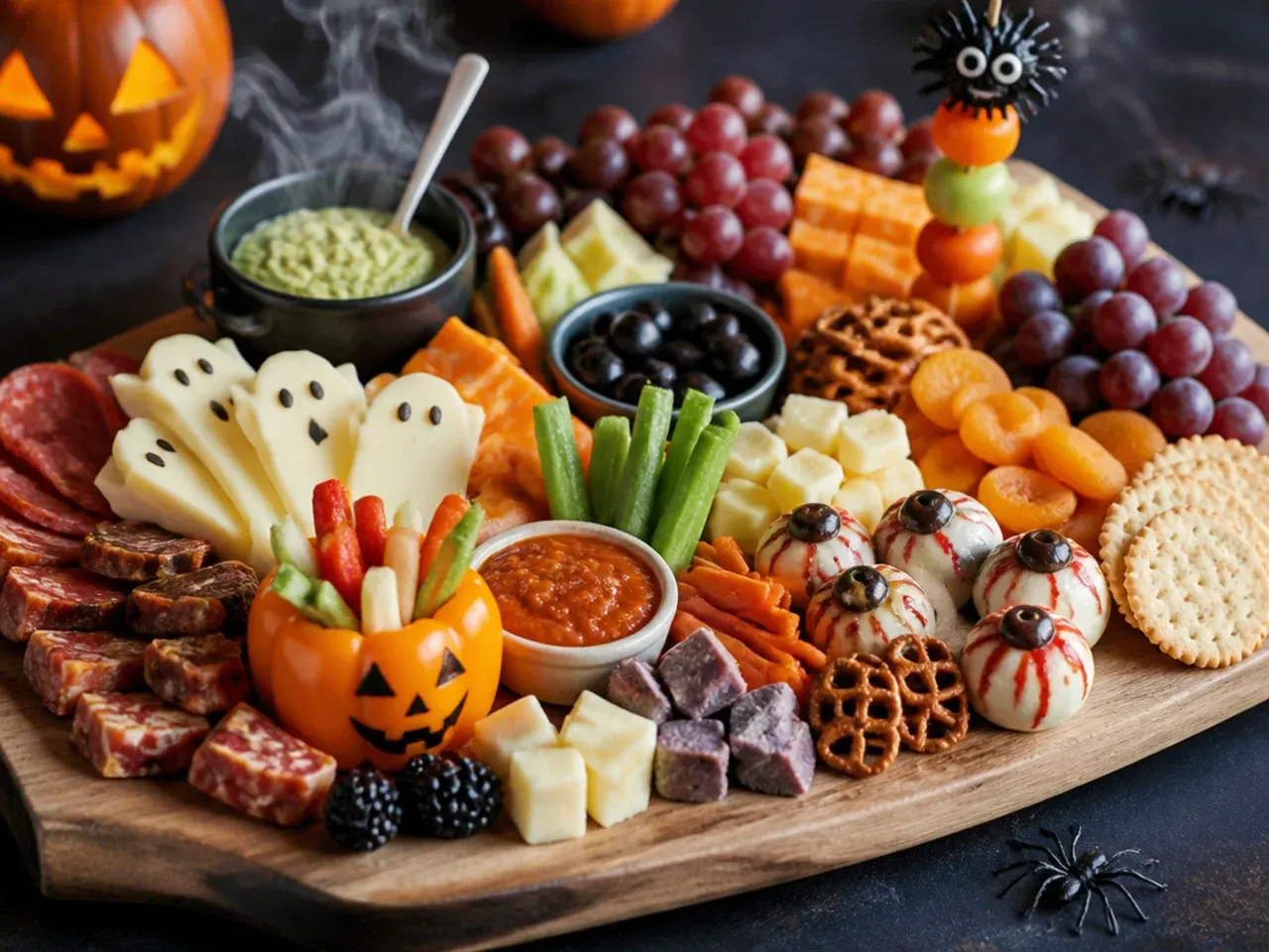 Best-ever Halloween grazing board with marshmallow ghosts, clementine pumpkins and bat salami