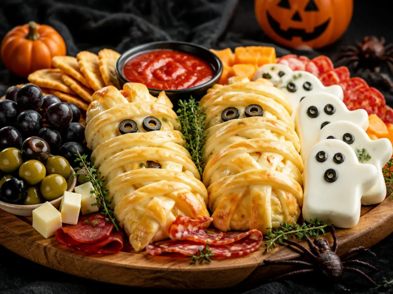 Cheesy mummy-wrapped cheese blocks and ghost shapes on a Halloween board