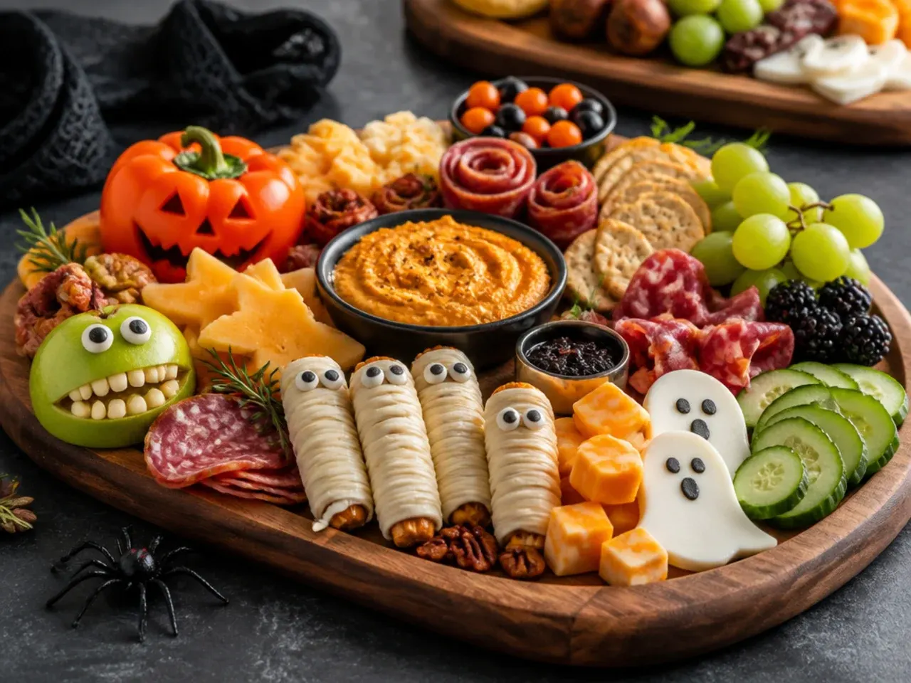 Large crowd-pleasing Halloween party board split into sweet and savoury sections