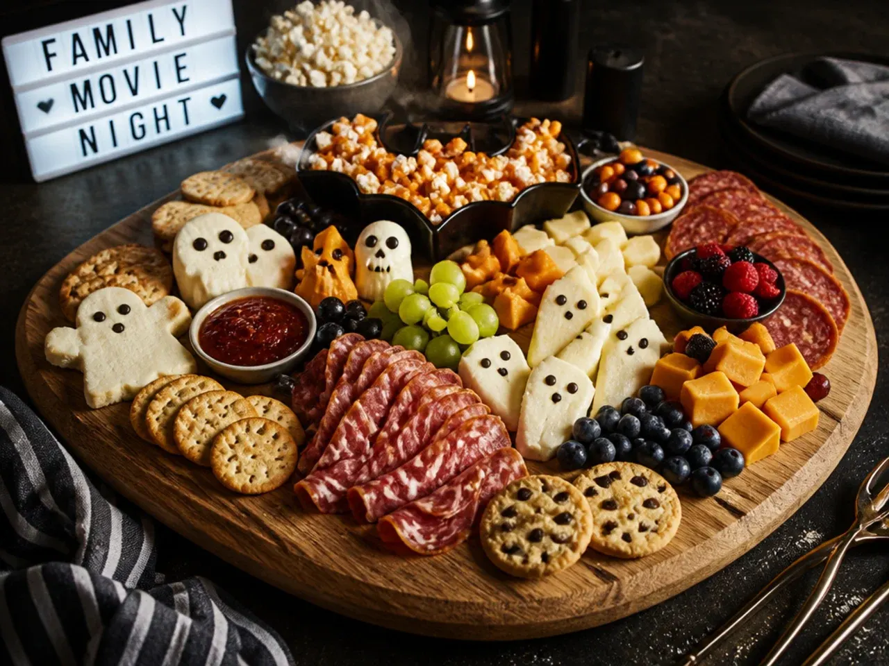 Family movie night Halloween snack board with popcorn, cheese cubes and pretzels