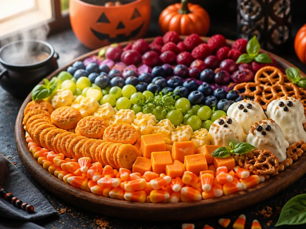 Festive striped Halloween board arranged in candy corn colours of orange, white and yellow