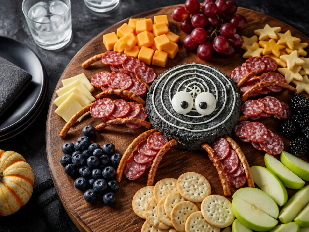 Quick after-school Halloween board with olive spiders on cheese and crackers