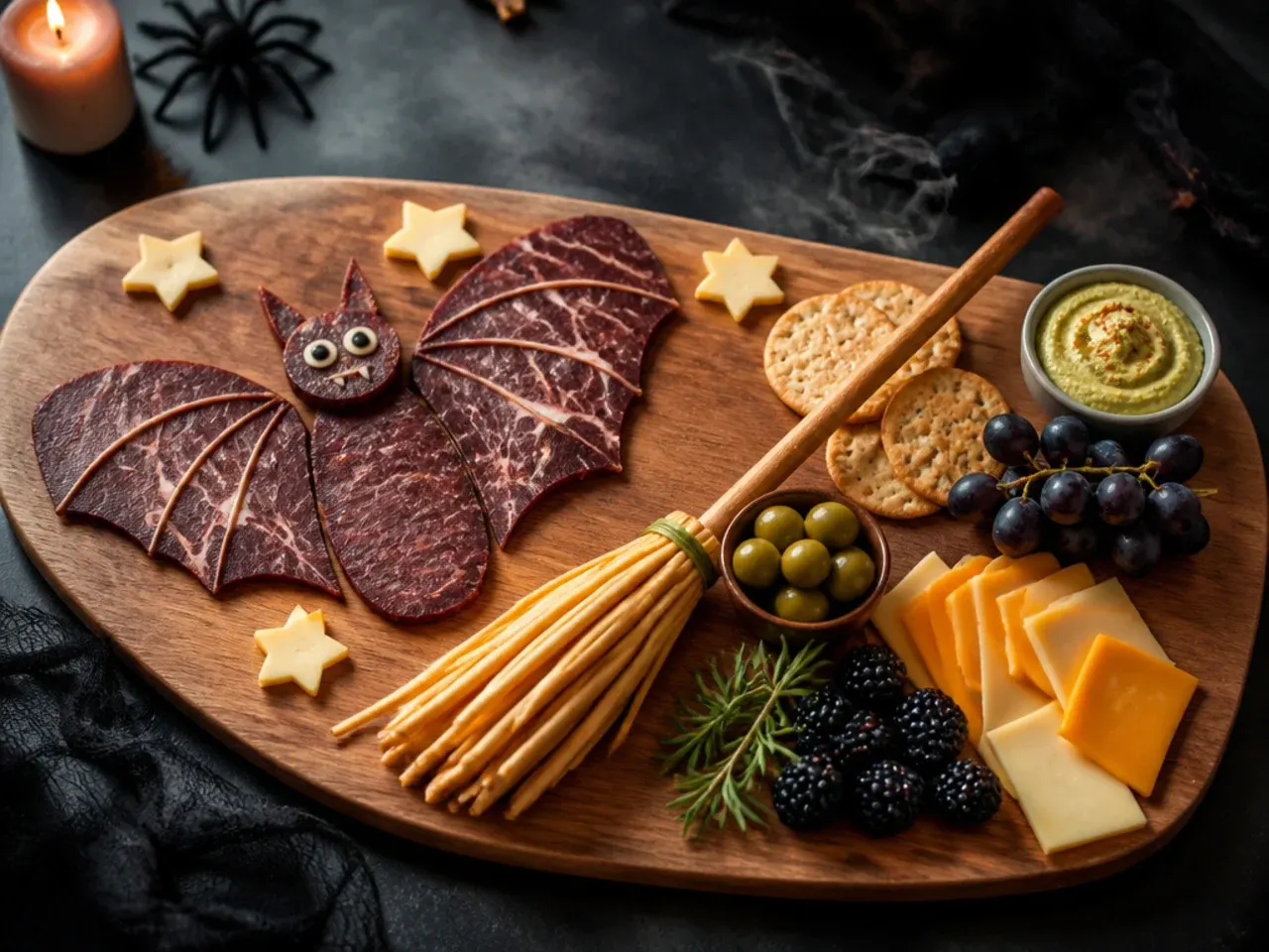 Homemade Halloween board with bat-shaped cheese and pretzel broomsticks