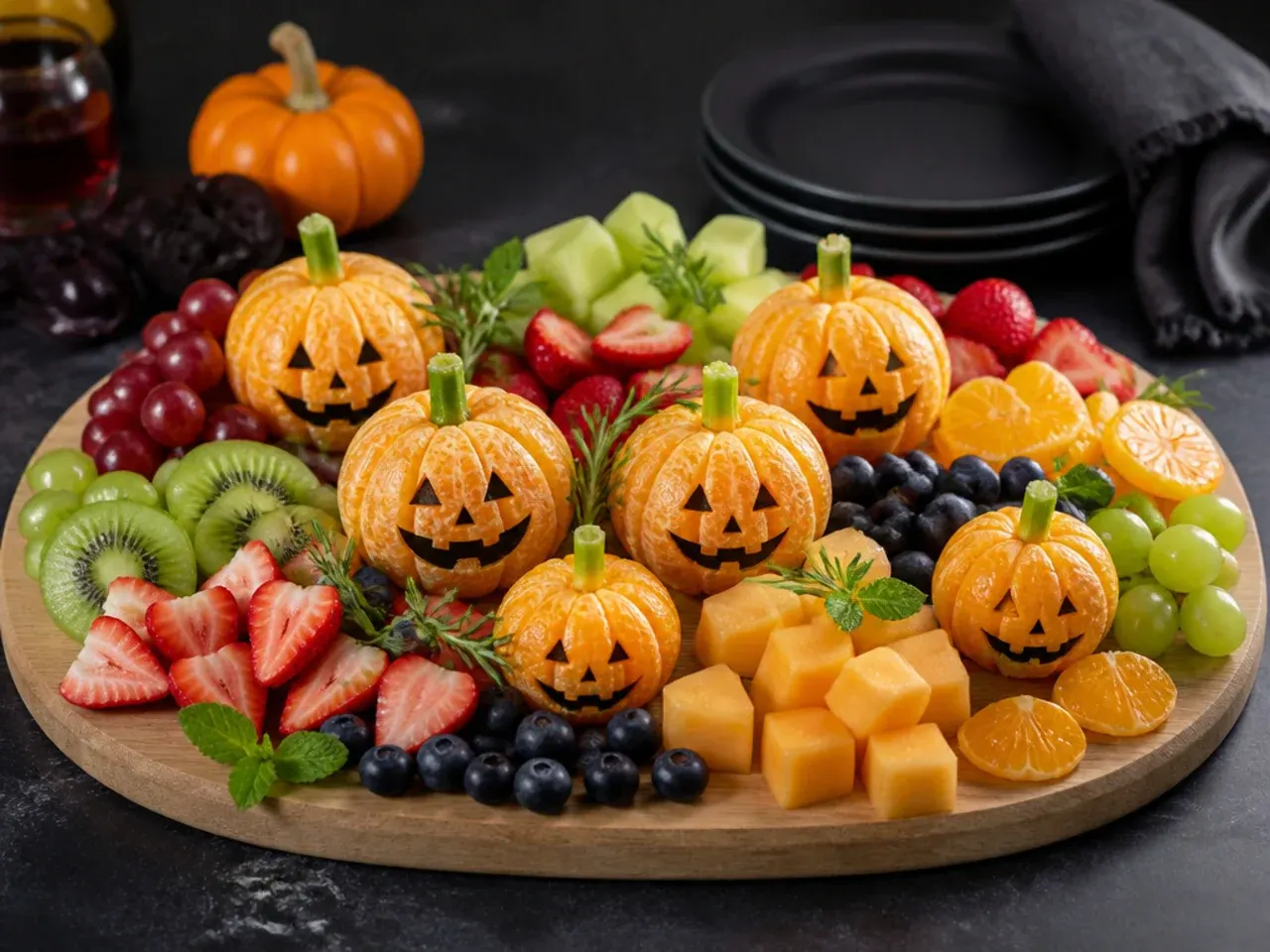 Fruit-only Halloween pumpkin patch board with clementine pumpkins and grapes