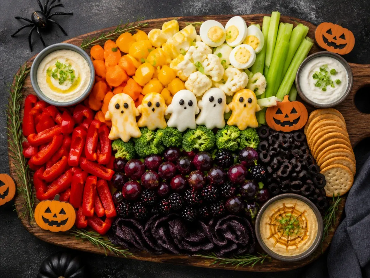 Rainbow rows of carrots, cucumber, cherry tomatoes and sugar snap peas on a Halloween veggie board