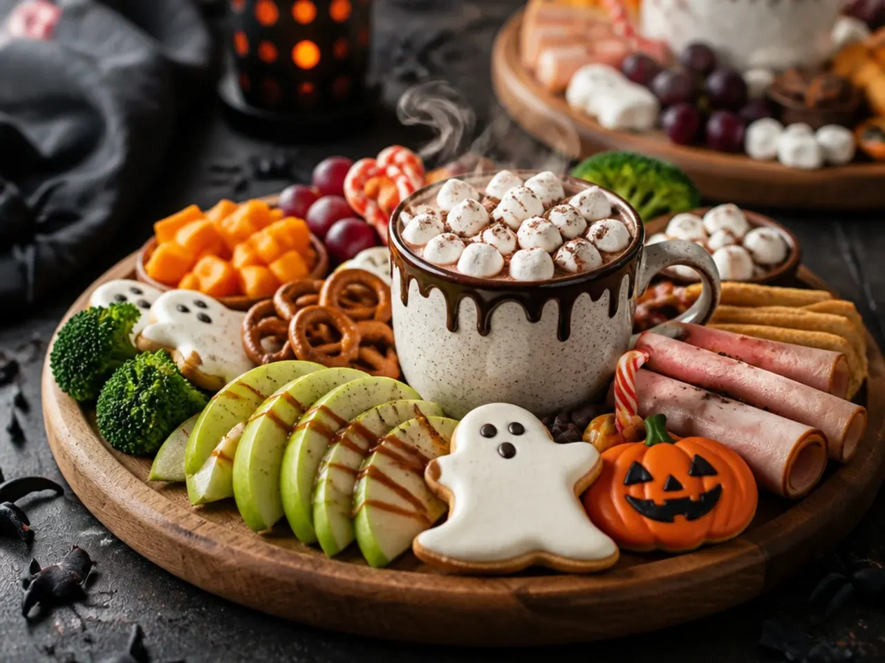 Cosy Halloween board served alongside mini mugs of hot chocolate with marshmallow ghosts