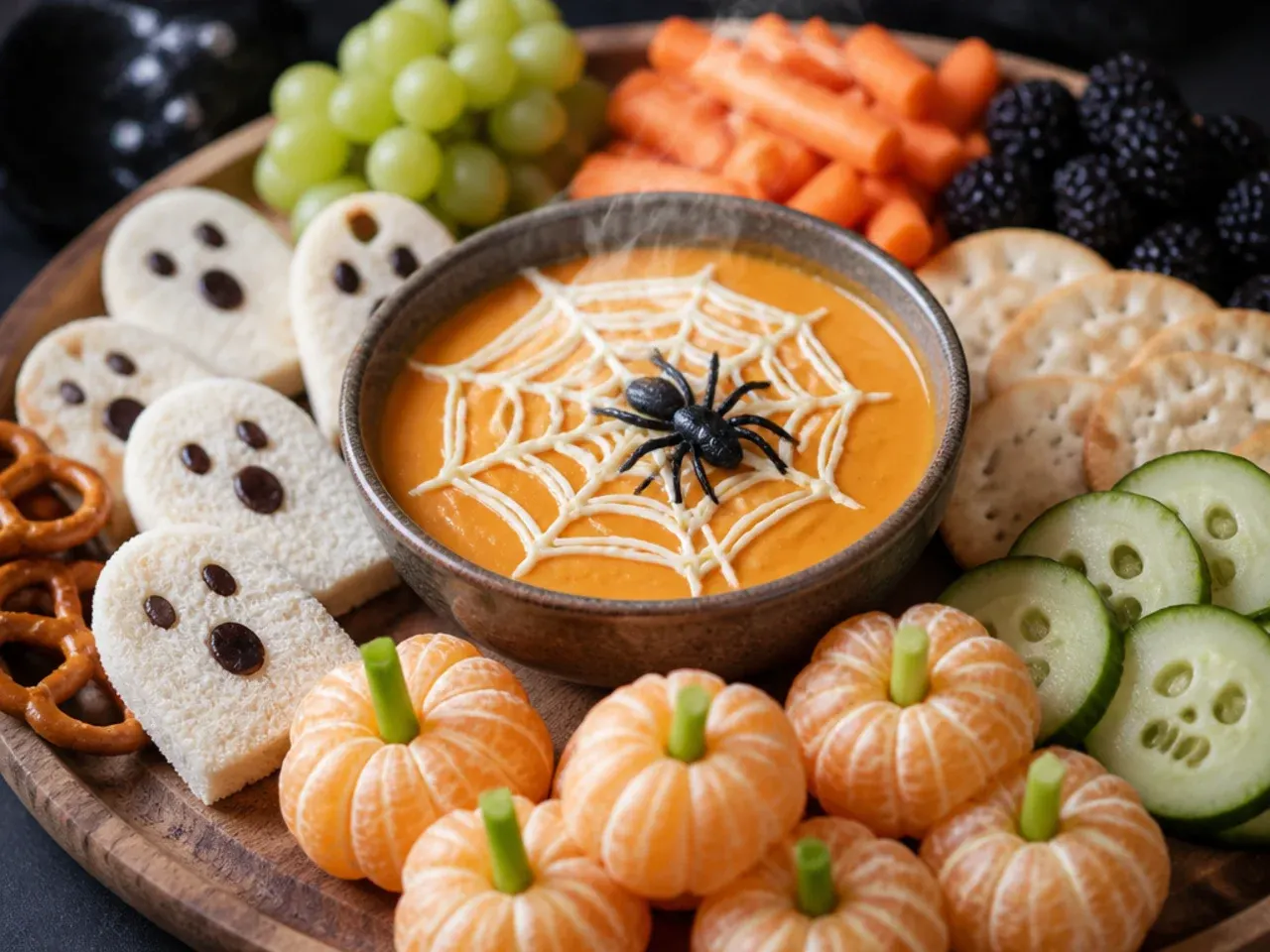 Allergy-friendly Halloween snack board with labelled dairy-free and nut-free sections