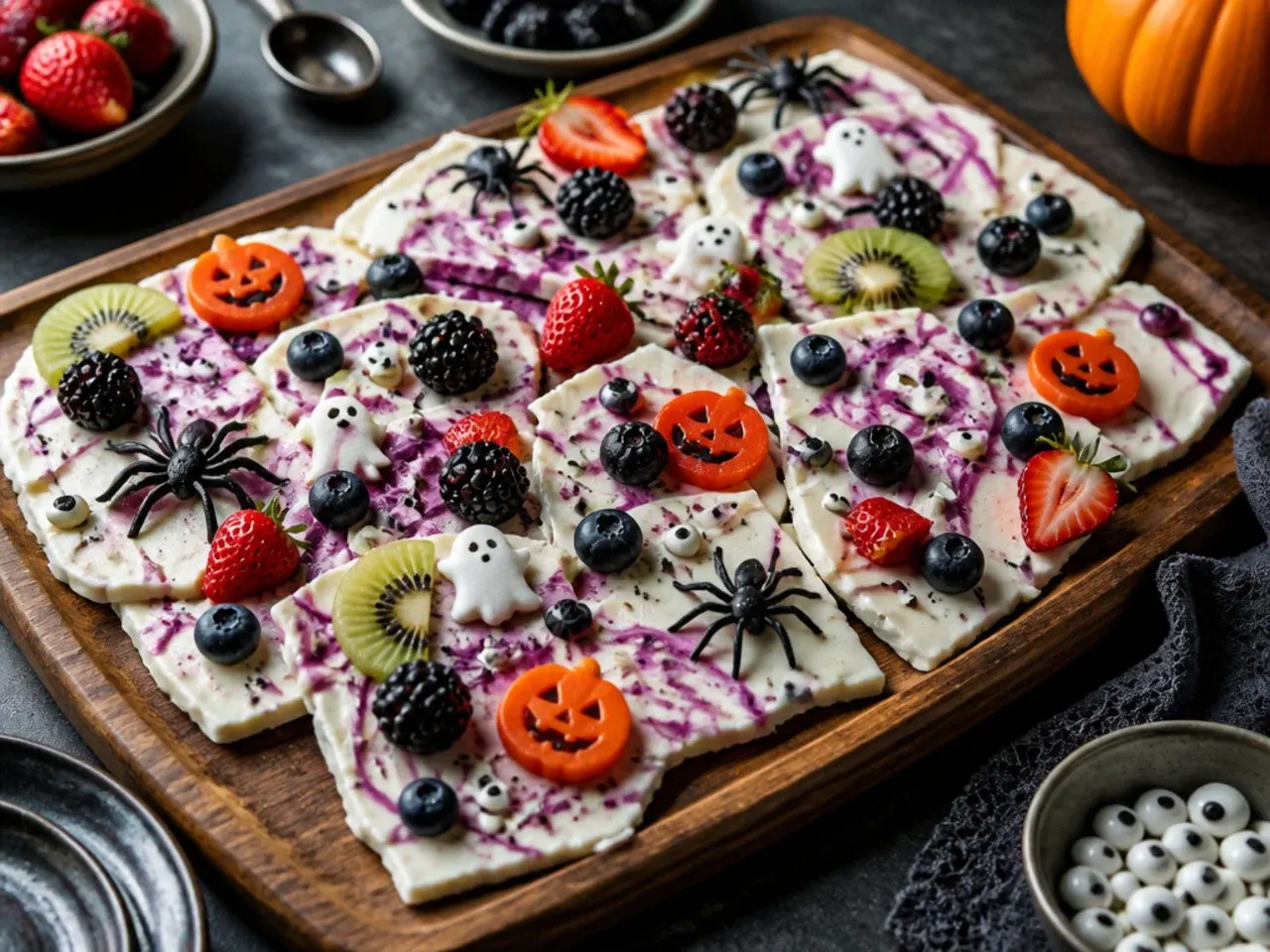 Creamy frozen yoghurt bark shards served on a Halloween-themed snack board