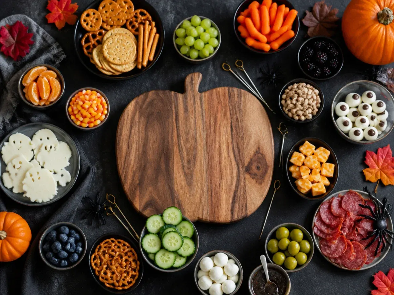 Close-up of hands arranging small Halloween snacks to fill gaps on a charcuterie board