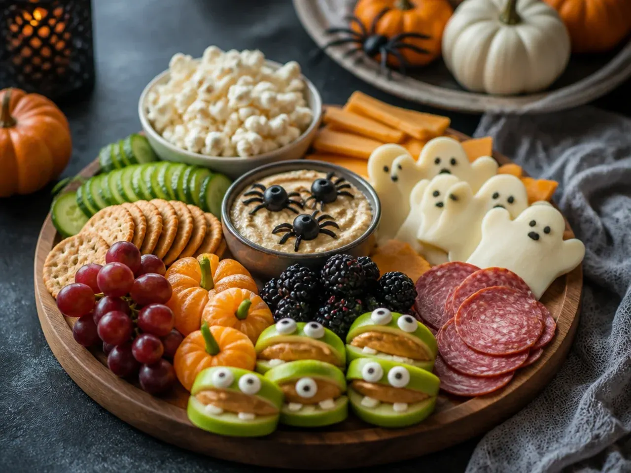 Halloween charcuterie board served with small plates and a jug of apple juice for a party