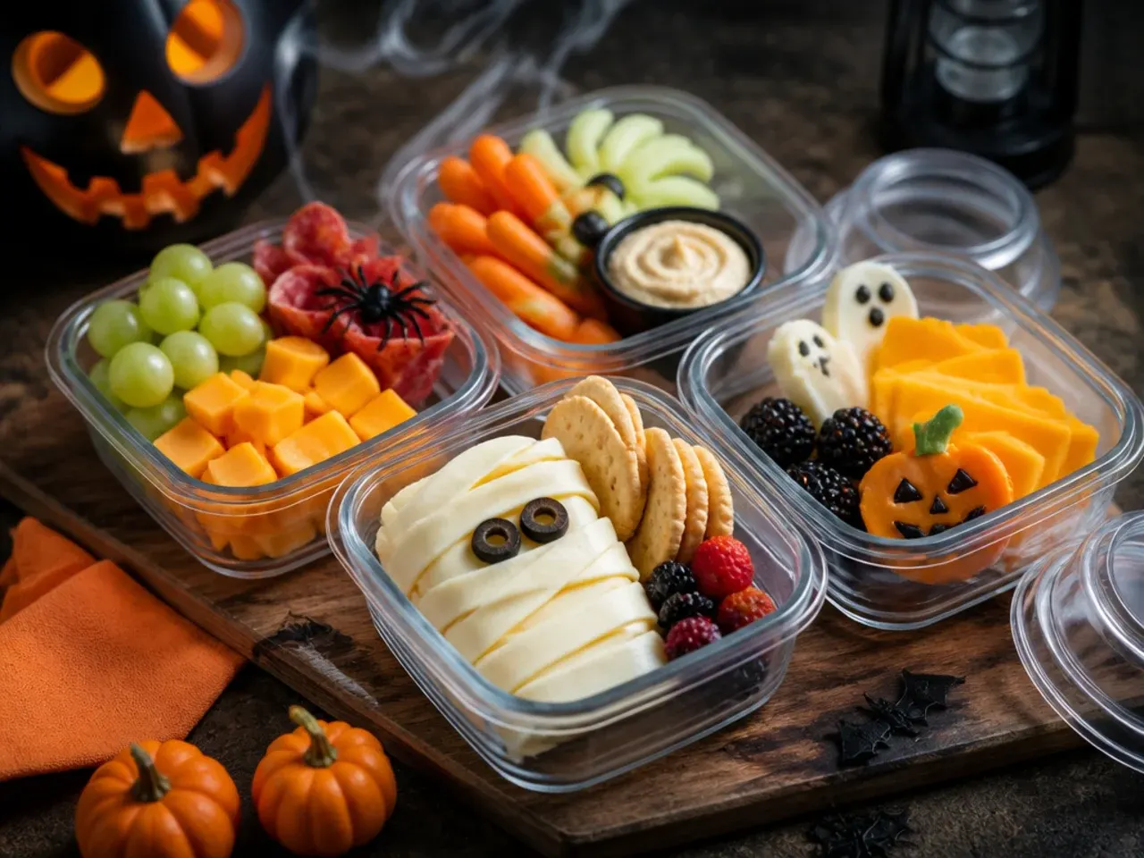 Halloween snack board covered with cling film for fridge storage