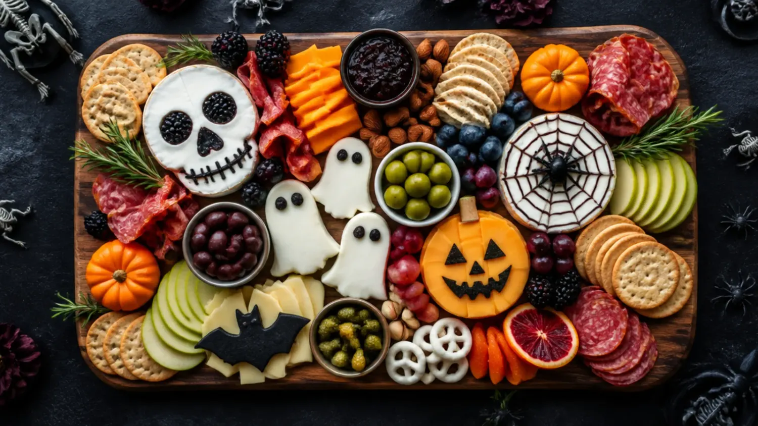 A wooden board styled as a Halloween charcuterie spread with orange cheddar, brie, salami roses, black olives and a small pumpkin bowl of hummus