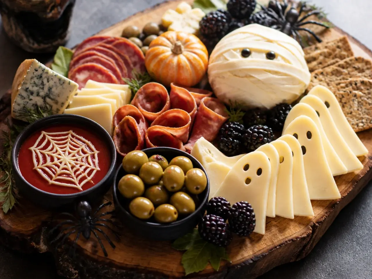 Overhead shot of a Halloween-themed charcuterie board with orange and black accents on a dark wooden table