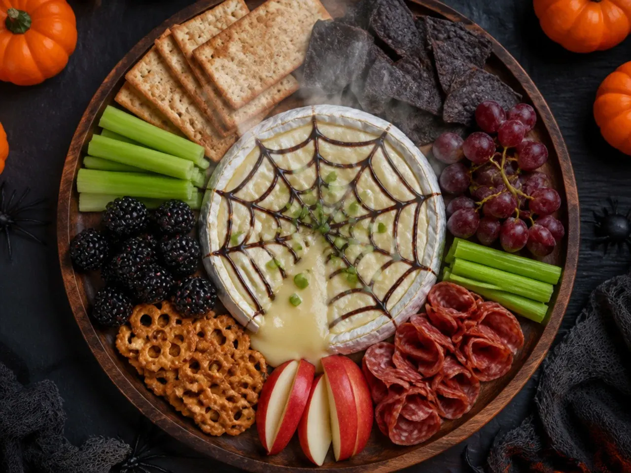 Brie wheel decorated with a spiderweb pattern in jam surrounded by crackers on a Halloween charcuterie board