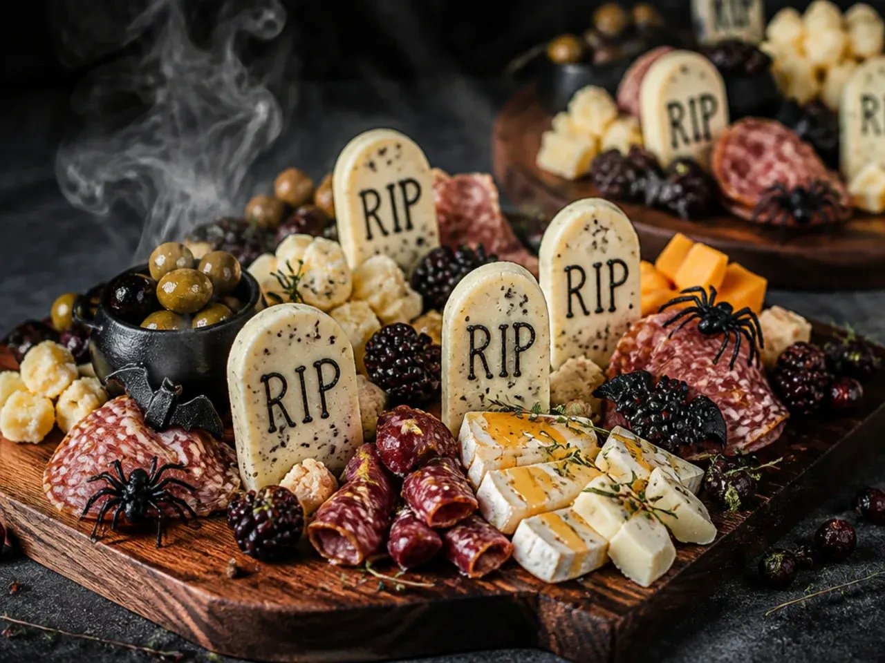 Cheese cut into tombstone shapes standing in crushed biscuit crumbs on a graveyard-themed Halloween board