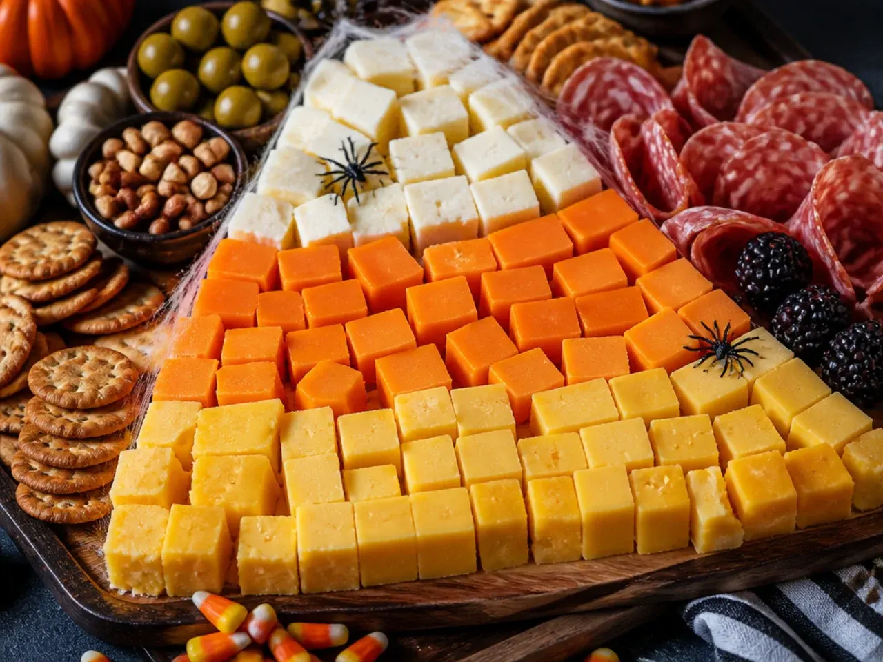 Cheese and fruit arranged in white, yellow and orange stripes to resemble candy corn on a charcuterie board