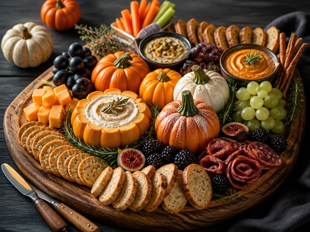 Orange cheese, tomatoes and peppers arranged in a circular pumpkin shape with a pretzel stem on a board