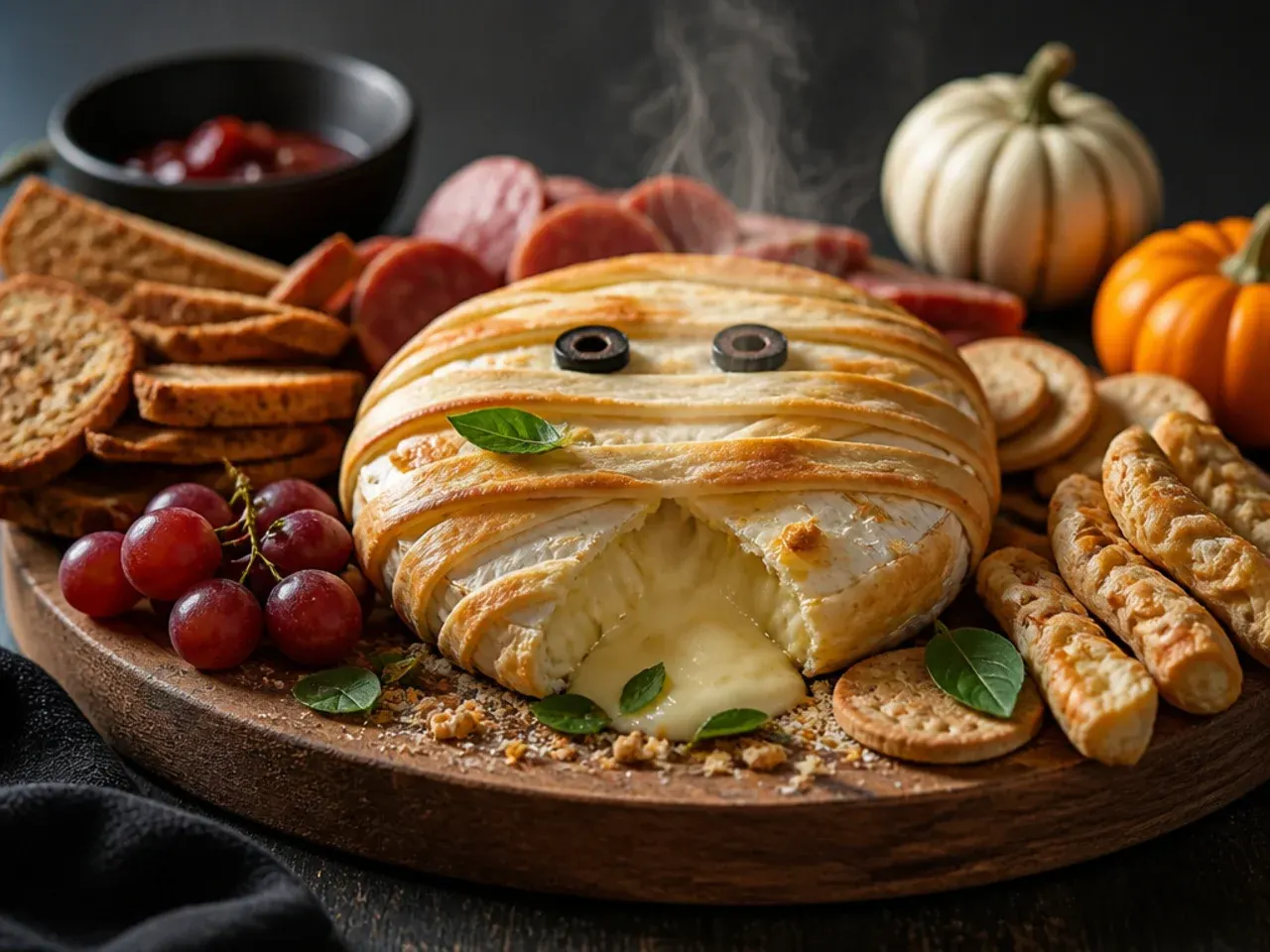A cheese wheel wrapped in breadstick strips with olive eyes to look like a mummy on a Halloween board