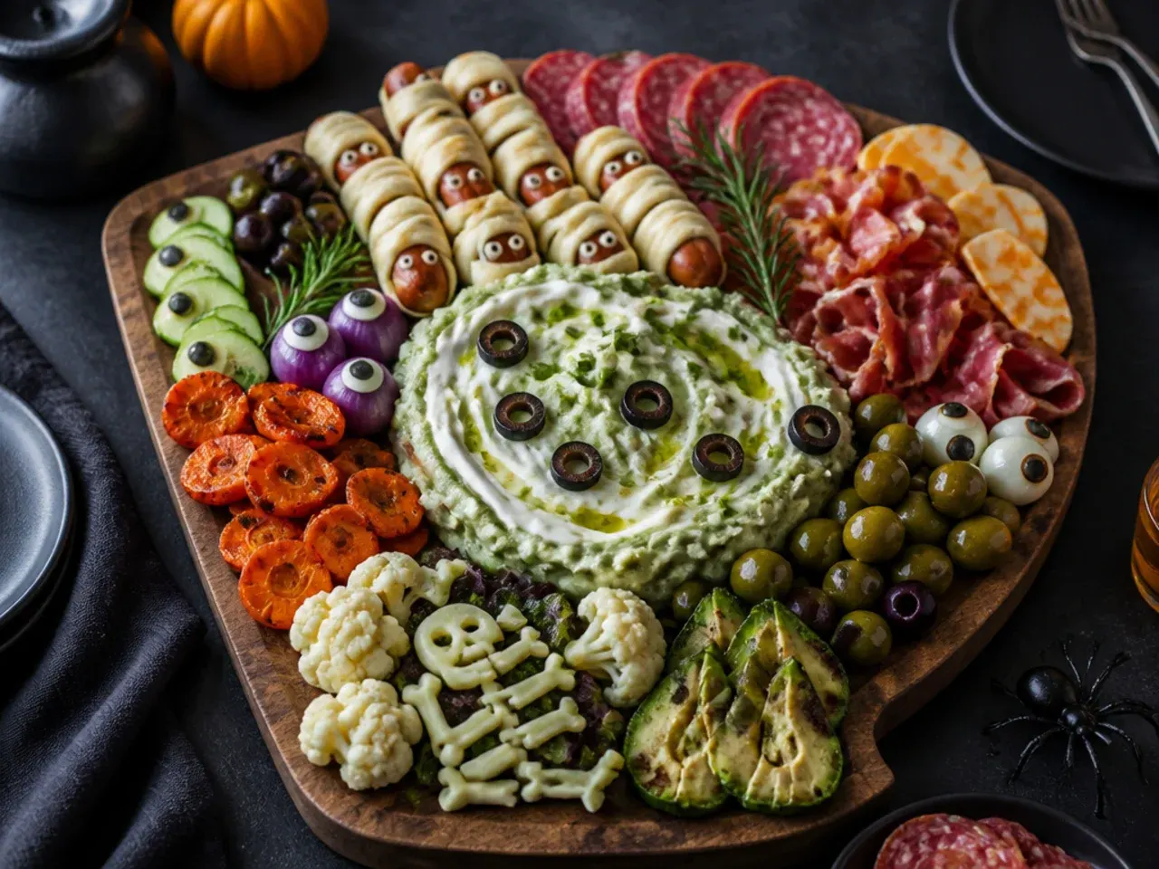 A generously loaded Halloween charcuterie board with multiple cheeses, meats, nuts and dips grouped by colour