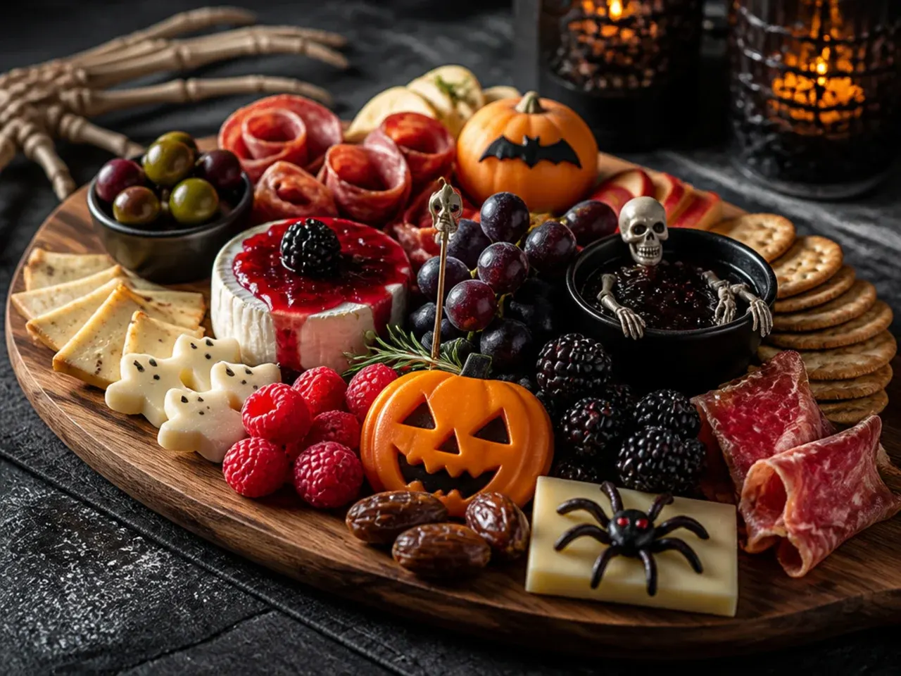 An elaborate Halloween charcuterie board combining brie, tombstone cheese and a pumpkin hummus bowl