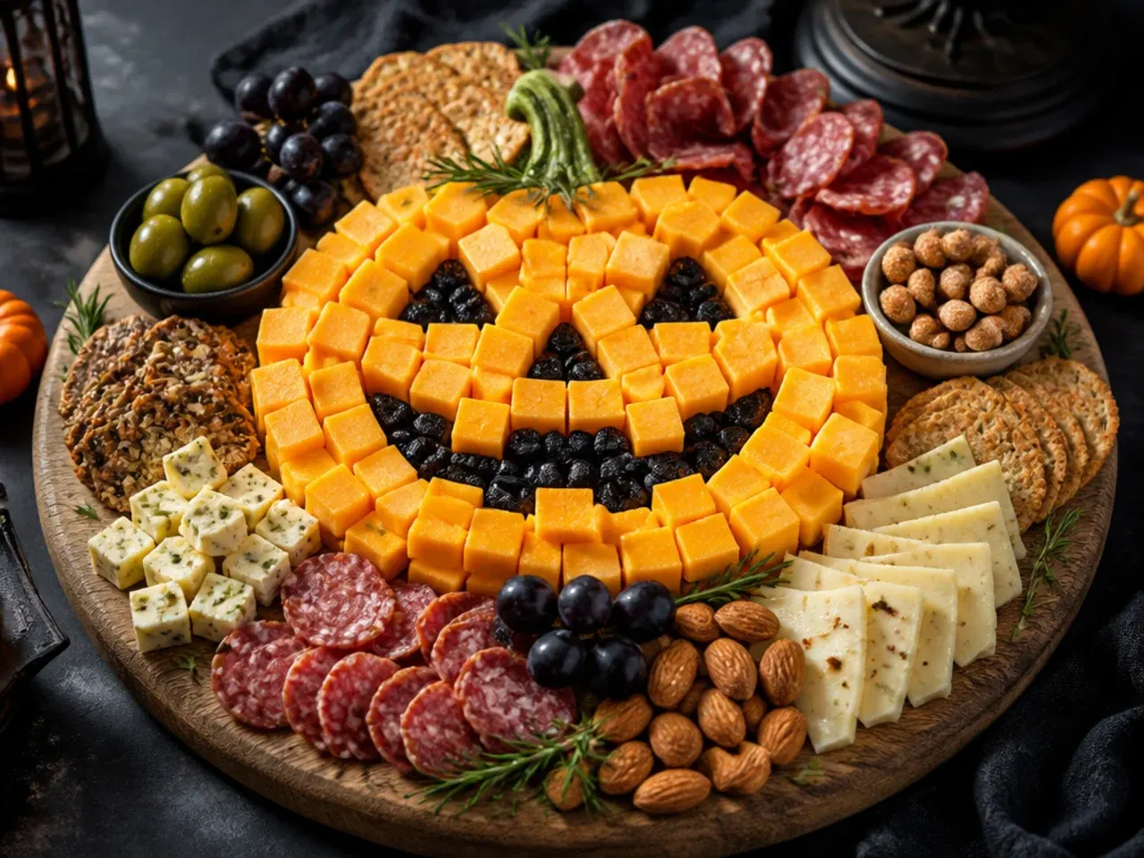 Orange cheese slices carved with jack-o-lantern faces arranged on a Halloween charcuterie board