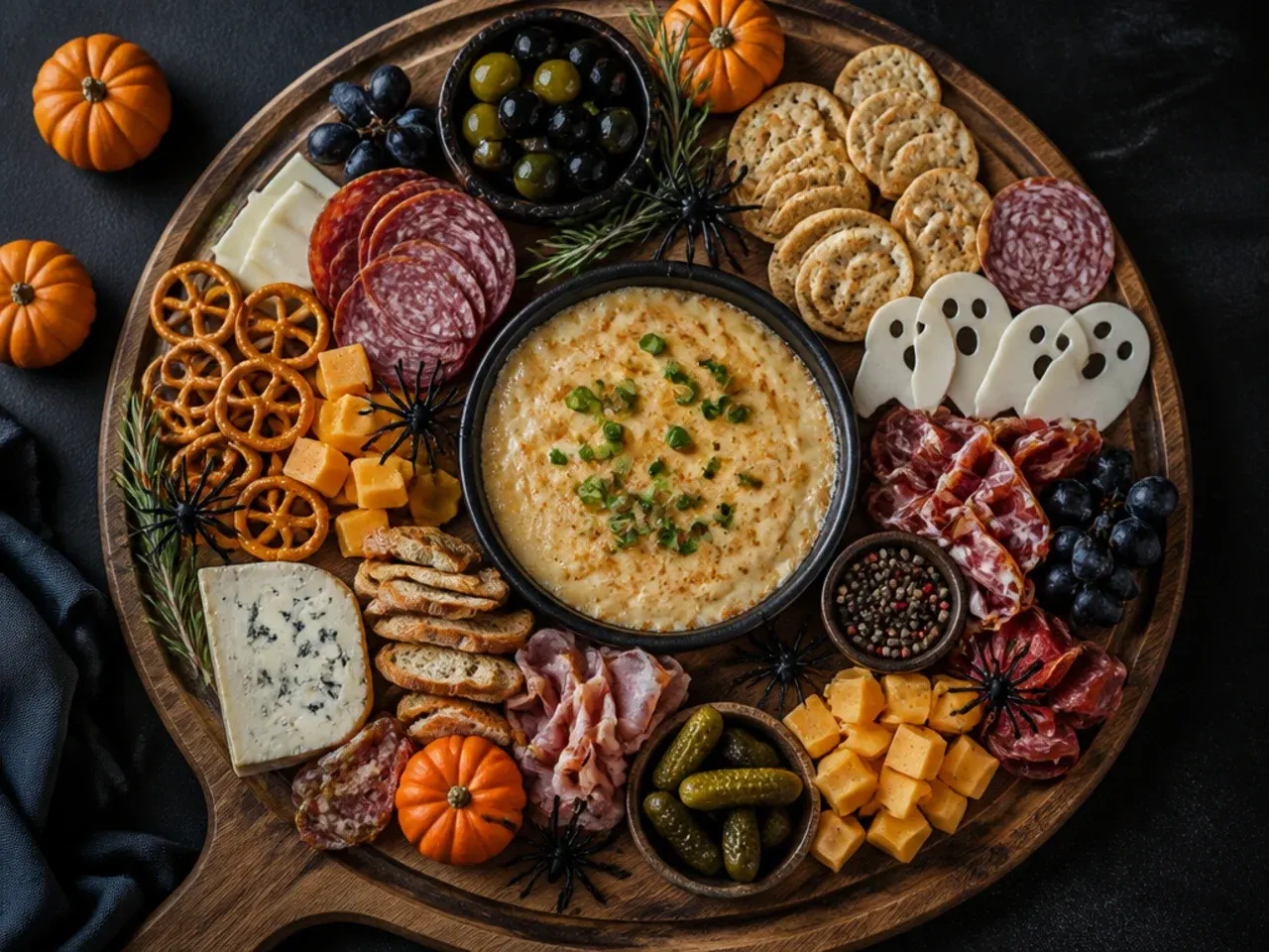 A simple budget-friendly Halloween cheese board with one cheese cut into varied shapes and grapes