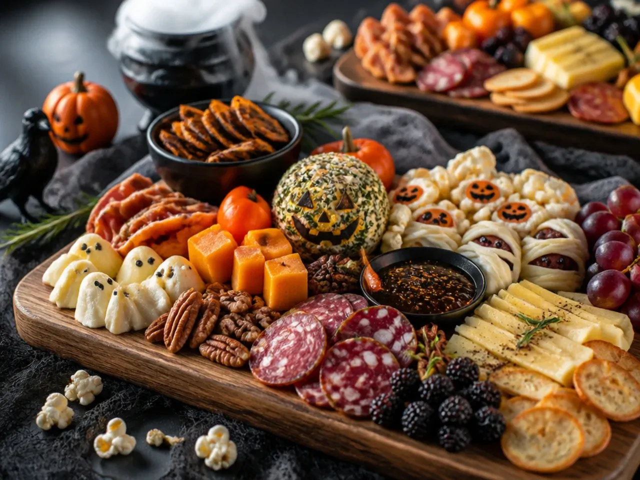 A long Halloween party charcuterie spread designed to feed a crowd with labelled cheeses and meats