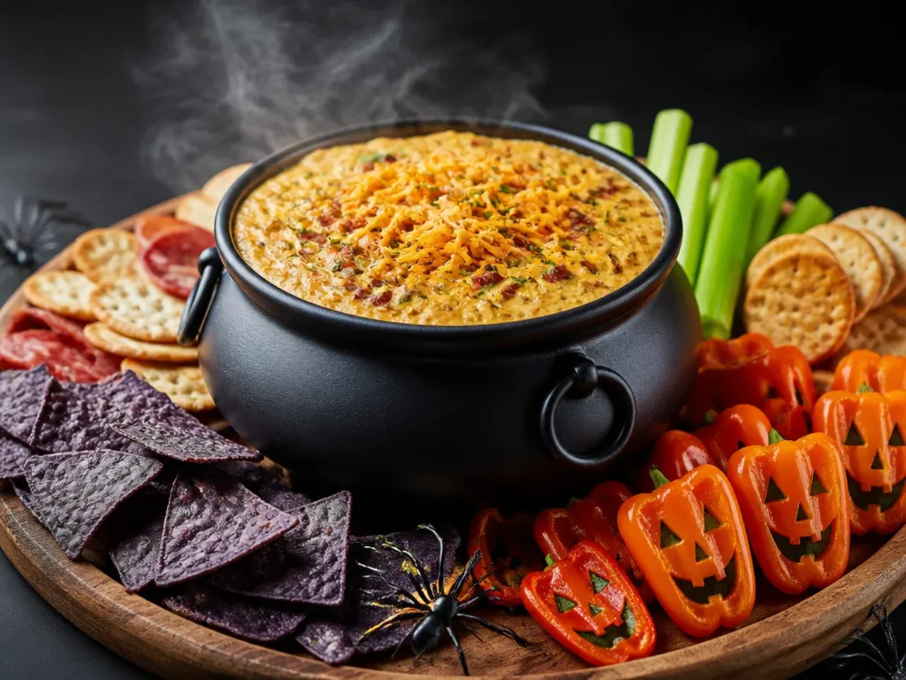 A black bowl of green dip styled as a witch's cauldron in the centre of a make-ahead Halloween board