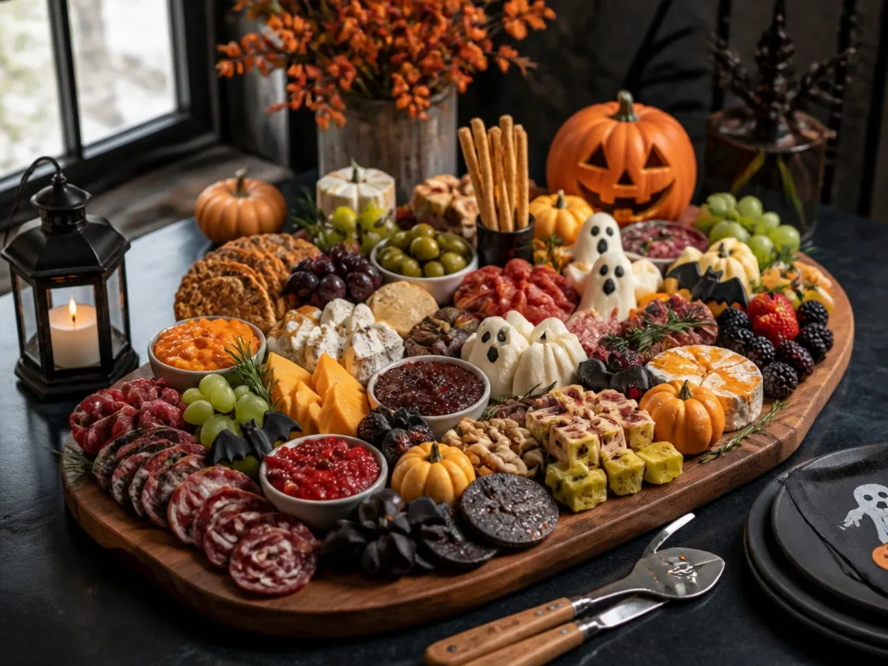 A kid-friendly Halloween charcuterie board with mild cheese cubes, pretzels and a chocolate spider web