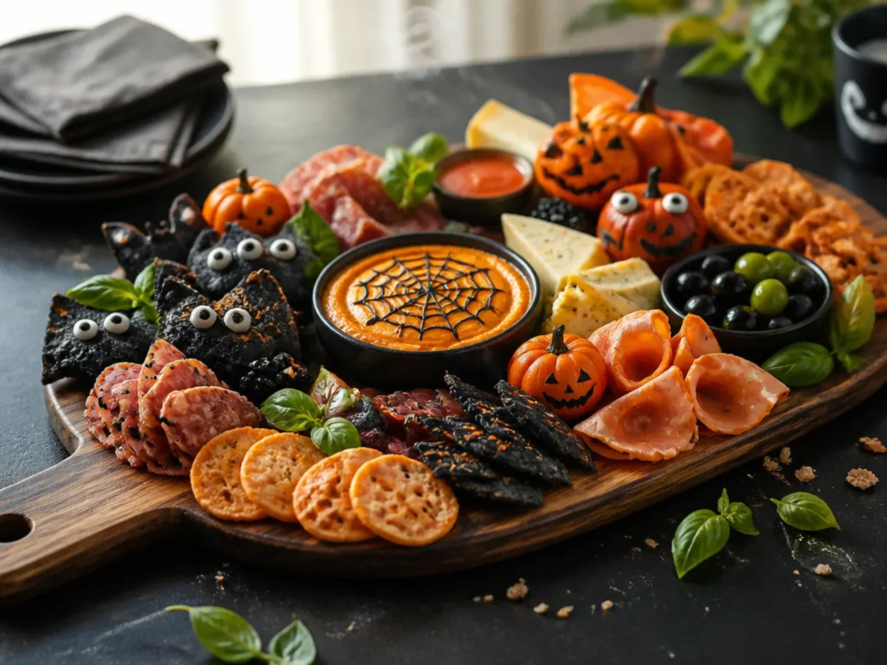 A charcuterie board split into orange and black colour halves for a festive Halloween theme