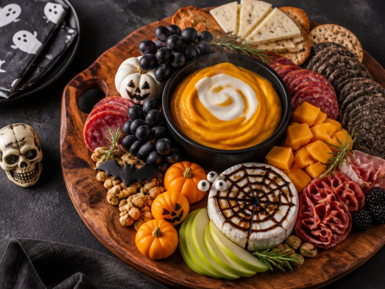 A quick and simple Halloween snack board with pre-sliced cheese, salami and crackers fanned out