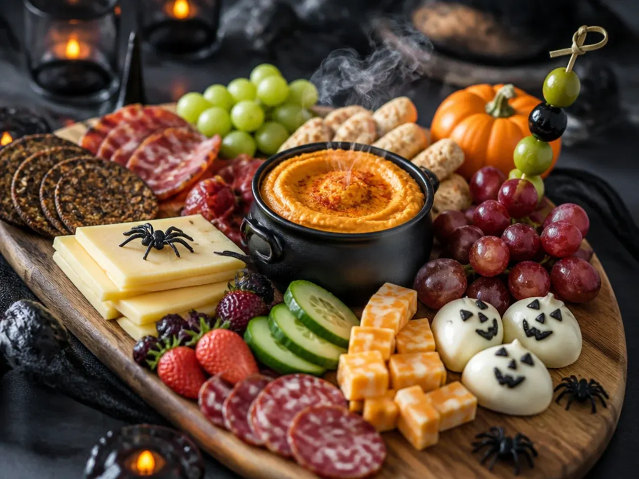 Homemade bat and ghost-shaped crackers next to a bowl of pumpkin hummus on a Halloween charcuterie board