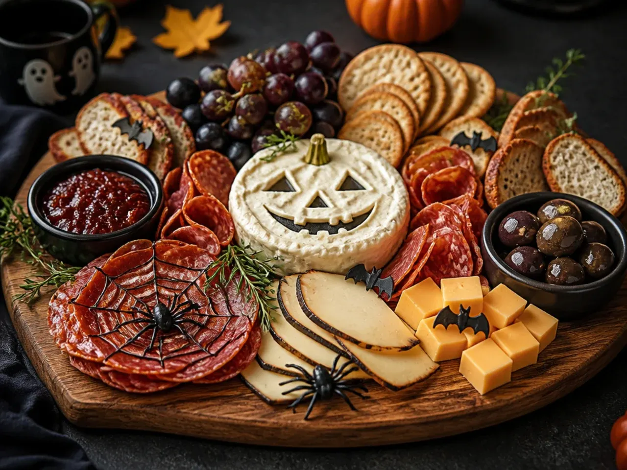 A traditional charcuterie board with cured meats and cheese with subtle Halloween decorative touches