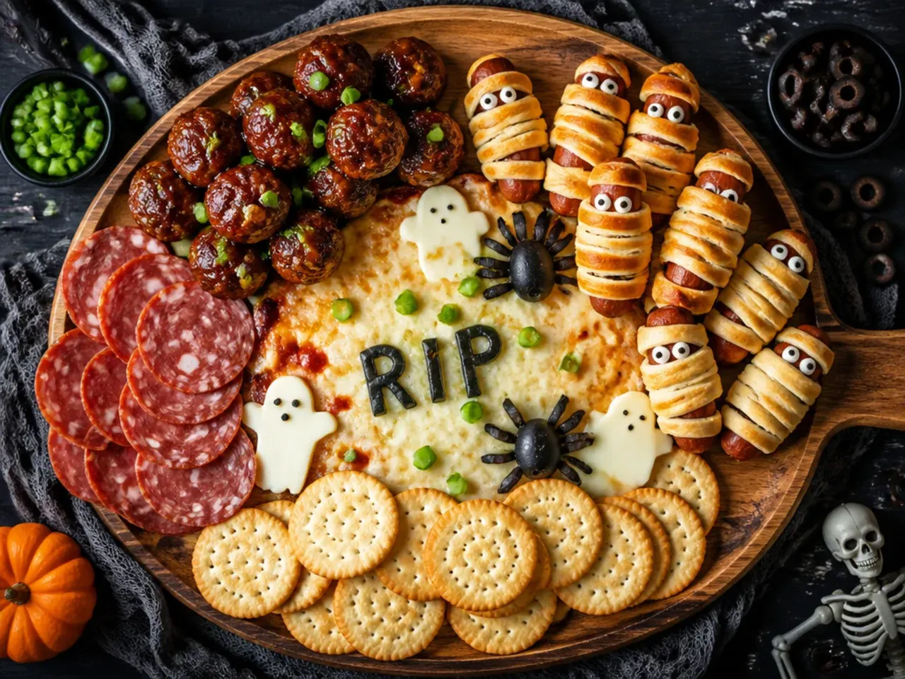 A minimalist five-ingredient Halloween charcuterie board with cheddar, salami, grapes and crackers