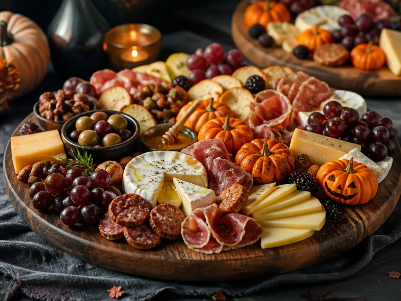 An autumn-themed charcuterie board with brie, apple slices, walnuts, figs and honey drizzle