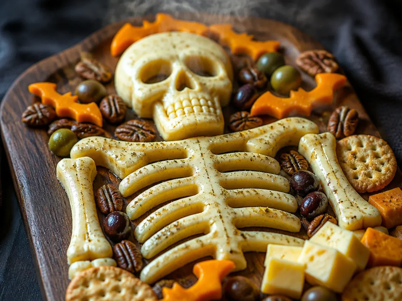 Cheese cut into bone shapes arranged in a skeleton outline on a small Halloween charcuterie board