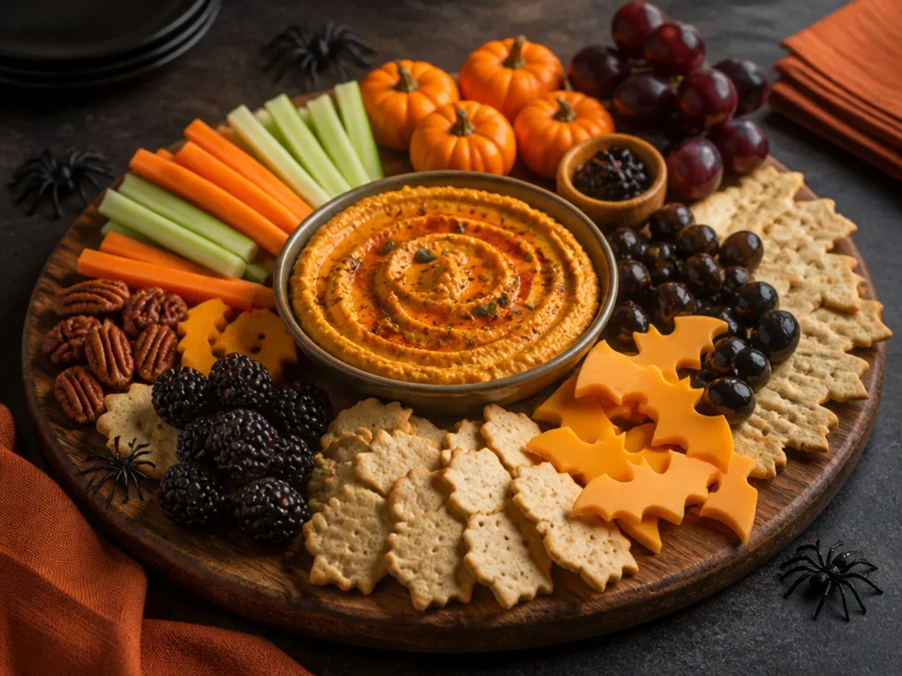 A bowl of creamy pumpkin hummus with paprika swirl surrounded by pitta and vegetable dippers