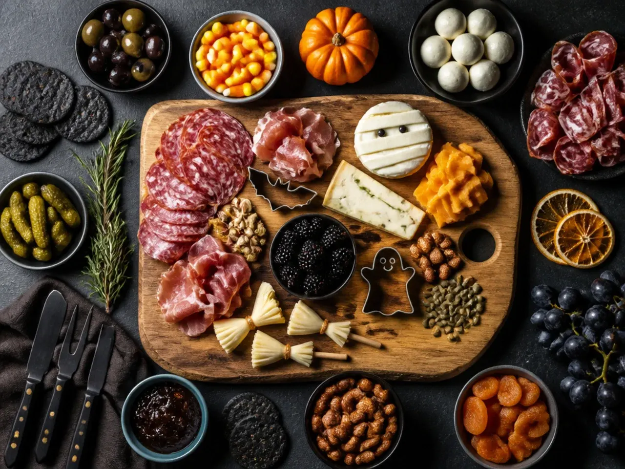 Hands arranging small garnishes into gaps on a finished Halloween charcuterie board
