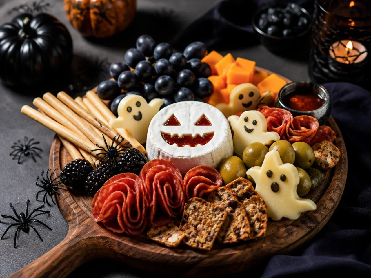 A Halloween charcuterie board served alongside mugs of spiced cider on a decorated party table